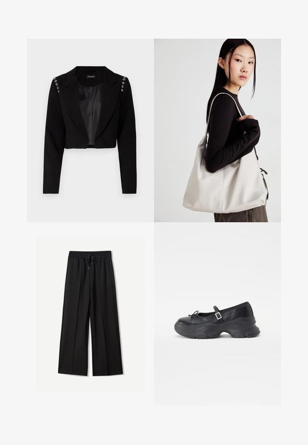 Rövidített fekete blézer, kiszélesedő gallérral, ezüst szegőkkel a vállakon és sima bélésig. Testreszabott dizájn, struktúrált fazon.; Két darabból álló hosszú ujjú felsők szettje fehér és fekete színben. Bordás textúra, kerek nyakkivágás, testhez simuló fazon, enyhén bővülő ujjakkal.; Fekete, széles szárú nadrág, puha anyagból készült. Rugalmas derékrésszel és zsinórral rendelkezik, valamint két oldalzseb található rajta. Simaság az elején, pliszékkel.; Fekete bőr Mary Jane cipő kerek orral, masni díszítéssel és állítható bokapánttal. Jellemzője egy masszív, ívelt díszítésű gumitalp.; Puha anyagból készült bézs kézitáska, laza dizájnnal, varrott részletekkel és két vállpánttal. Mindennapi használatra alkalmas.