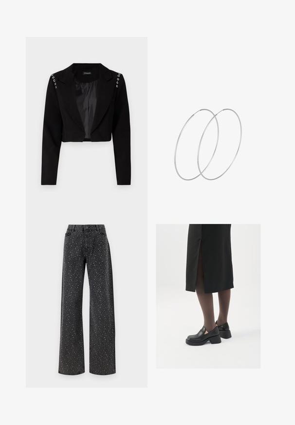 Lyhytty musta bleiseri, jossa on lovellinen kaulus, ja olkapäissä hopeiset niitit. Suunniteltu istuvuus, jämäkkä malli.; Musta body, jossa on pitkät hihat, verkko V-aukko ja rypytetty olkapäädetalji. Silkkinen kangas, joka muotoilee vartalon.; Noisy May NMJANNEL LOOSE - Relaxed fit -farkut - black denim; Mustat nahkakengät pyöreällä kärjellä, paksulla lohkopohjalla ja joustavilla sivuakkesseilla, yhdistettynä tummiin sukkahousuihin ja mustaan hameeseen, jossa on halkio.; Hopehope hopeilla, joissa on minimalistinen muotoilu. Pyöreä muoto, sileä pinta ja ohut profiili. Kevyet ja kiillotetut.