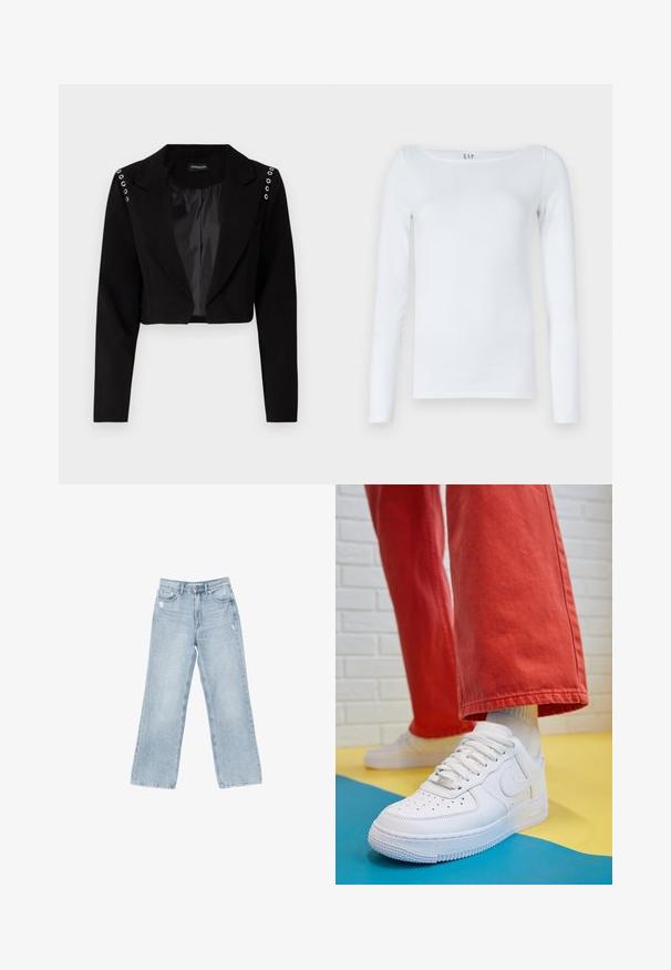 Blazer nero tagliato con colletto a punta, caratterizzato da occhielli in metallo argentato sulle spalle e una fodera interna liscia. Design su misura, vestibilità strutturata.; Camicetta bianca a maniche lunghe in misto cotone, con scollatura a girocollo e design slim fit. Nessun motivo o accento visibile.; Jeans in denim azzurro chiaro con taglio a gamba larga, dettagli strappati, design a cinque tasche e chiusura con zip.; Sneaker bianco in pelle con punta perforata, suola testurizzata e lacci bianchi, abbinati a pantaloni rossi larghi e uno sfondo blu e giallo.