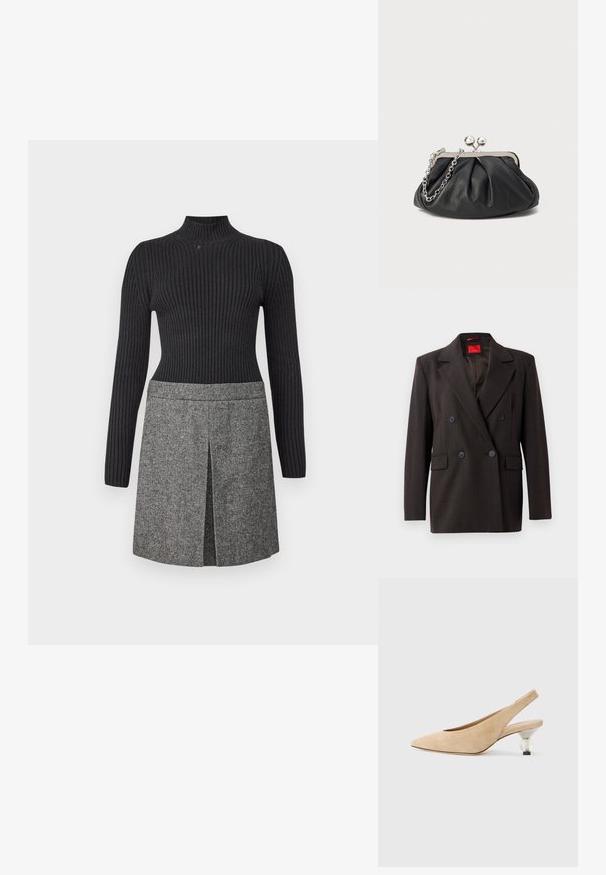 Dvojna temno rjava blazerica z vrhunskimi reverji, dvema sprednjima žepoma in črnimi gumbi. Gladka tekstura in prilegajoč kroj. Rdeča notranja oznaka.; Pleteni črni pulover z valovito teksturo, v kombinaciji z sivo tkanino krilo, ki ima sprednji razporek in subtilne vzorec detajle.; Bežna suknja s peto s prozornim, okruglim petom. Gladak tekstura in minimalističen dizajn.; Črna usnjena torbica z nabranim teksturo, okovjem iz srebrne kovine, zapiranjem na poljub in verižnim ročajem. Gladka, mehka površina.