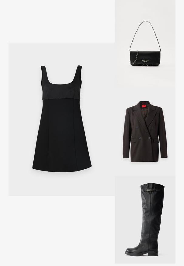 Tamsiai rudas dvigubos sagos švarkas su smailiais atlapais, dviem priekinėmis kišenėmis ir juodomis mygtukais. Lygus tekstūra ir pritaikytas siluetas. Raudonas vidinis etiketė.; Juoda suknelė su kvadrato formos iškirpte, turinti prigludusią korsetinę dalį ir A formos siluetą. Pagaminta iš lygaus audinio, su elegantišku, minimalistiniu dizainu.; Knee-high juodi odiniai batai su lygiu paviršiumi, apvaliu pirštu ir žemu bloko kulnu. Viršutinėje pusėje yra sidabrinis akcentas.; Juodas odinis delninukas su sidabro spalvos grandinele, papuoštas dekoratyviniais sparnų akcentais ir balta siūle apačioje.