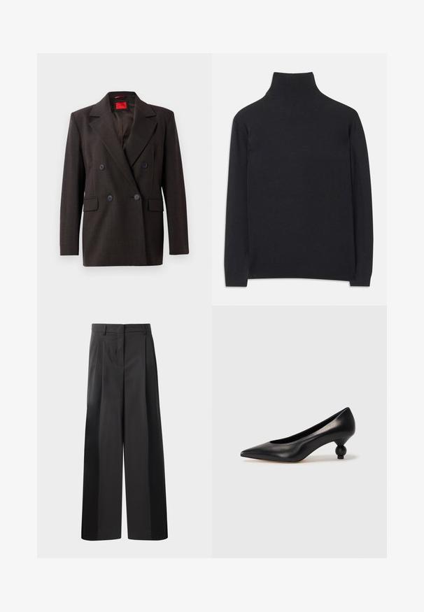 Mörkbrun dubbelknäppt blazer med spetsig slag, två framfickor och svarta knappar. Slät textur och skräddarsydd passform. Röd inneretikett.; Svart polotröja i mjukt tyg. Har långa ärmar, hög krage och ribbade ärmar och nederkant för en figurnära look.; Svarta byxor med vida ben och hög midja, med framveck, en slät textur och en skräddarsydd finish. Designade för en avslappnad passform.; Svart läderhögklackad sko med spetsig tå och rund, bollformad klack. Slät yta med en elegant, minimalistisk design.