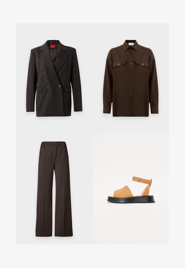 Double-breasted dark brown blazer with peaked lapels, two front pockets, and black buttons. Smooth texture and tailored fit. Red inner label.; Dark brown long-sleeve button-up shirt with two flap chest pockets and a classic collar, displayed against a plain white background.; Wide-leg trousers in dark brown fabric with an elastic waistband, featuring a smooth texture and clean lines for a tailored look.; Tan leather sandal with a wide front, open toe, adjustable strap, and a thick black platform sole. Smooth texture and minimal design.