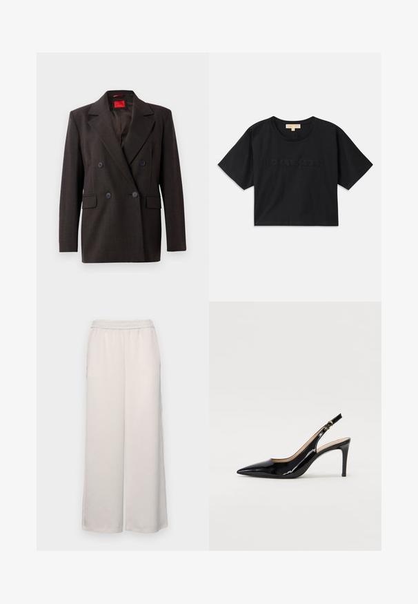 Dvoredna tamnosmeđa blejzerica s oštrim reverima, dva prednja Džepa i crnim dugmadima. Glatka tekstura i kroj koji se prilagođava tijelu. Crvena unutrašnja oznaka.; Crna kratka majica od pamuka. Ima okrugli izrez i kratke rukave. "MICHAEL KORS" izvezena u boji koja odgovara na prednjoj strani.; Svijetlosmeđi široki hlače s elastičnim pojasom. Glatka tkanina, punih dužina, bez vidljivih ukrasa ili uzoraka.; Crne lakirane slingback cipele s oštrim vrhom, uskim potpeticama i suptilnim izrezom. Sadrže zlatnu kopču na traku.