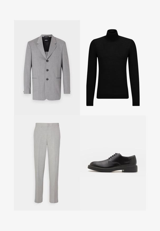 Hall tähniline hall pintsak, mis on valmistatud sileda tekstuuriga kangast. Omab lõigatud krae, kolme nuppu ja kahte esist taskut.; Musthave muströid ja pehmest materjalist must turtleneck, millel on pikad varrukad ja tihe istuvus. Ribaga ääris allservas ja vöökohal. Lihtne disain.; Heledad hallid püksid sileda tekstuuriga, lame esiots ja sirged sääred. Valmistatud hingavast kangast, millel on sisepocketid ja vöölõngad.; Must beemel levalis kingad ümarate varvastega, sileda pinnaga, minimaalsete õmblustega ja madala kummist kontsaga. Logo kontsa peal.