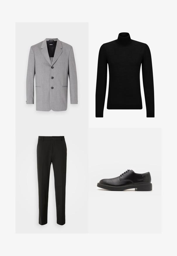 Pelēks svītrainais bleizers, izgatavots no auduma ar gludu tekstūru. Iekļauj izgrieztus apakšējos atlokiem, trīs pogas un divas priekšējās kabatas.; Melnā augstā kakla džemperis, kas izgatavots no mīksta materiāla, ar garām piedurknēm un pieguļušu piegriezumu. Ribota apdare ap apakšu un piedurknēm. Vienkāršs dizains.; Melnas bikses no gludas auduma ar taisnām kājām, pogu aizdari un klasisku dizainu, kas piemērots gan formālai, gan ikdienišķai valkāšanai.; Melna āda sašūta kurpe ar noapaļotu purngalu, gludu tekstūru, minimālu šuvju skaitu un zemu gumijas papēdi. Logo uz papēža.