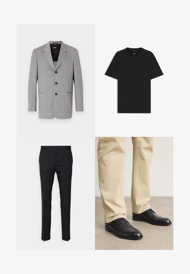 Blazer gris con rayas finas, fabricado en un tejido de textura suave. Cuenta con solapas con muesca, tres botones y dos bolsillos frontales.; Camiseta negra de manga corta fabricada con una suave mezcla de algodón, que presenta un cuello redondo y un diseño minimalista sin patrones ni acentos.; Pantalones negros ajustados con corte recto, hechos de tejido suave. Presentan trabillas y detalle de pliegue en la parte frontal.; Zapatos de cuero negro con cordones, puntera redondeada, acabado suave y sutiles detalles de costura, combinados con pantalones de color beige claro.