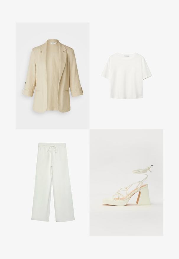 Béžový ľanový blejzer s jedným gombíkom, výstrihom do V a rukávmi po tri štvrtiny. Má dve bočné vrecká a voľnejší strih.; Biela krátkopsová tričko vyrobené z bavlny. Má okrúhly výstrih a voľný strih. Hladká textúra bez viditeľných vzorov alebo akcentov.; Biele nohavice s širokými nohavicami vyrobené z mäkkej tkaniny. Majú elastický pás s šnúrkou a hladký povrch. Žiadne viditeľné vzory ani kovania.; Biele sandále na vysokom opätku s hrubým podpätkom, s pruhovaným dizajnom a viazaním na členku. Hladký povrch s platformou vpredu pre zvýšenú výšku.