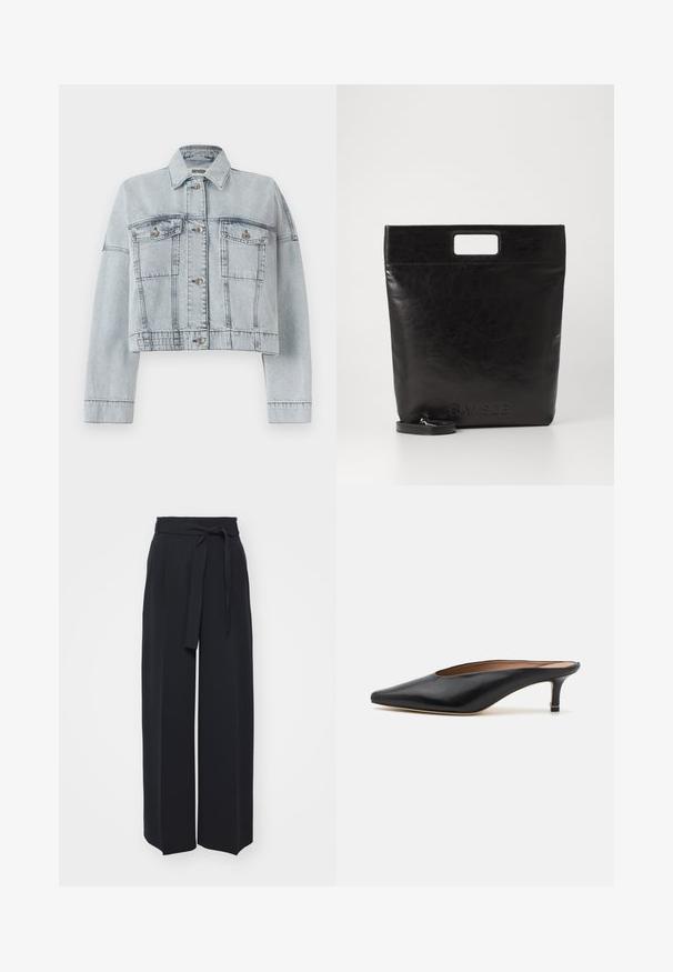 Veste en jean bleu clair au design cropped, avec deux poches avant, fermeture à boutons et un col classique. Texture lisse et détails cousus.; Pull à col roulé beige clair en tissu doux. Dispose d'une coupe décontractée, d'un ourlet et de poignets côtelés, et de manches longues. Design minimaliste.; Pantalons noirs à jambes larges en tissu doux. Dotés d'une taille ceinturée et de plis avant. Texture lisse avec un design épuré et contemporain.; Mules en cuir noir avec un bout pointu et un petit talon carré. Texture lisse avec un design épuré. Dos ouvert avec un minimum de détails.; Sac fourre-tout en cuir noir avec une poignée carrée, arborant une finition texturée et un logo en relief. Comprend une bandoulière amovible.