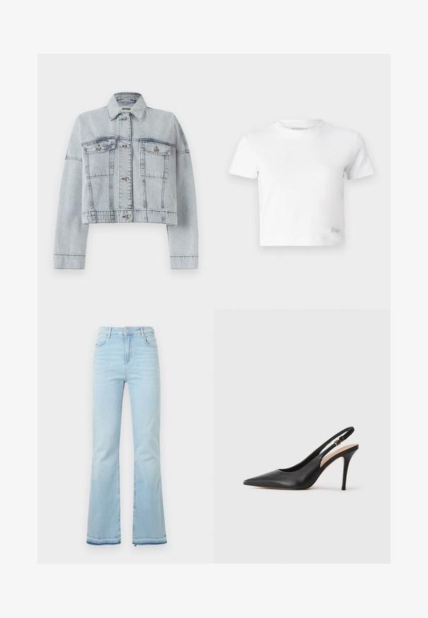 Lys blå denimjakke med en kortet design, som har to frontlommer, knappeåpning og en klassisk krage. Glatt tekstur og søm detaljer.; Hvit, cropped t-skjorte laget av glatt bomull, med høy hals og korte ermer. Liten brodert logo i nederste hjørne.; Lyseblå flagrende jeans laget av denim, med høy midje, frontlommer og rå kant ved mansjettene for et uformelt utseende.; Svart lær slingback høye hæler med spiss tå, glatt tekstur og en delikat stropp med en metallisk spenne.