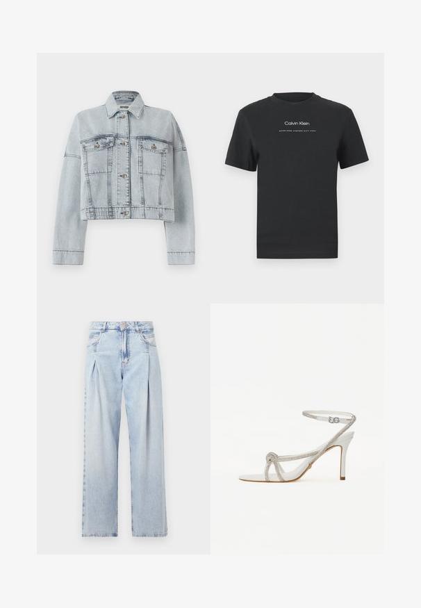 Light blue denim jacket with a cropped design, featuring two front pockets, button closure, and a classic collar. Smooth texture and stitched details.; Black cotton T-shirt with a crew neckline, short sleeves, and white printed "Calvin Klein" logo and "Established 1968" text.; Light blue denim jeans with a high waist, wide-leg cut, two side pockets, and pleated design feature. Soft texture with a faded finish.; White high-heeled sandal with a textured strap featuring rhinestones, open toe design, and ankle strap with adjustable buckle.