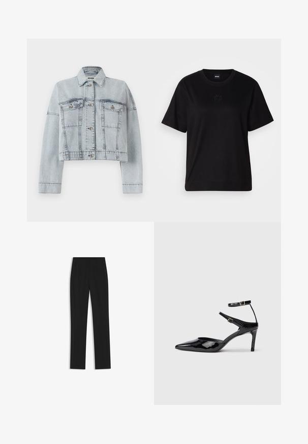 Chaqueta de mezclilla azul clara con un diseño corto, que presenta dos bolsillos frontales, cierre de botones y un clásico cuello. Textura suave y detalles cosidos.; Camiseta de algodón negra con cuello redondo, mangas cortas y un logo bordado en el pecho. Ajuste simple y relajado sin patrones.; Pantalones de traje negros con un diseño de pierna recta, que cuentan con bolsillos delanteros y una tela suave y texturizada. Detalles limpios y minimalistas.; Tacones de charol negros con puntera puntiaguda, correas ajustables en el tobillo y un tacón delgado. Textura suave con un acabado brillante.