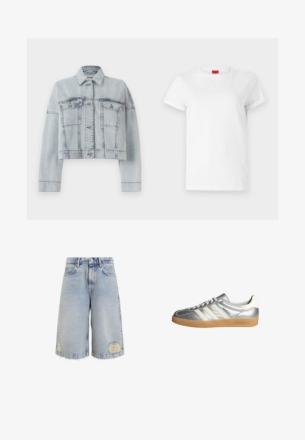 Vaaleansininen farkkutakki, jossa on lyhennetty muotoilu, kahdella etutaskulla, nappisuljenta ja klassinen kaulus. Sileä pinta ja tikatut yksityiskohdat.; Valkoinen lyhythihainen t-paita, joka on valmistettu kevyestä puuvillasta. Siinä on pyöreä pääntie ja käännetyt hihat. Kauluksessa on punainen logo-tunnus.; Vaaleansiniset farkkushortsit, joissa on leveä leikkaus, hapsureunat ja kulutettuja kohtia näkyvine ompeleineen. Klassinen viisi taskua -muotoilu.; Hopeisia lenkkarit valkoisilla yksityiskohdilla, joissa on kolme raitaa, pyöristetty kärki ja kumipohja. Teksturoitu metallimateriaali.