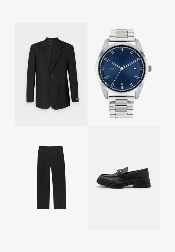 Blazer nero realizzato in tessuto morbido, con rever a punte, due tasche frontali, due bottoni e un logo discreto sulla manica.; Set di otto t-shirt nere in cotone con maniche corte e collo a giro, caratterizzate da un design semplice e una texture morbida.; Pantaloni neri con un design a gamba dritta, realizzati in un tessuto liscio. Presentano pieghe frontali e una chiusura a un bottone in vita.; Mocassino in pelle nera con punta arrotondata, una fascia decorativa e accessori in metallo, e una suola spessa e testurizzata. Finitura liscia con dettagli sottili.; Orologio in metallo argentato con quadrante blu spazzolato, indici bianchi e display della data. Dotato di un bracciale metallico a maglie e logo del marchio.