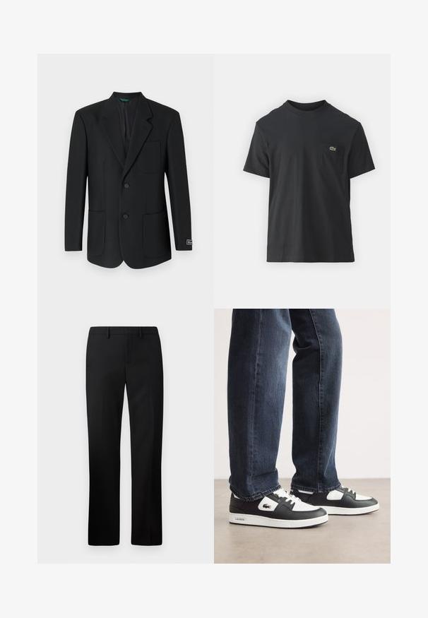 Musta bleiseri, joka on valmistettu sileästä kankaasta, varustettu nokkakääntökauluksella, kahdella etupussilla, kahdella napilla ja huomaamattomalla logolla hihassa.; Mustat puuvillapaidat, joissa on lyhyet hihat, pyöreä pääntie ja pieni vihreä logo vasemmassa rintataskussa. Yksinkertainen muotoilu, normaali istuvuus.; Musta räätälöity housut suoran lahkeen muotoilulla, valmistettu sileästä kankaasta. Ominaisuuksiin kuuluu tasainen etuosa ja keski-korkea vyötärönauha.; Mustat ja valkoiset Lacoste-tennarit, joissa on teksturoitu nahkapinta, nauhakiinnitys ja valkoinen kumipohja. Yhdistetty tummiin farkkuihin.
