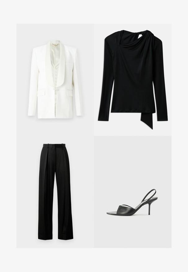 Biała marynarka z satynowymi klapkami, dwoma przednimi kieszeniami i pojedynczym zapięciem na guzik. Gładka tekstura, dopasowany kształt, bez ozdób.; Czarna bluzka z długim rękawem, wykonana z gładkiego materiału, z dekoltem w drapowanej formie, asymetrycznym obszyciem i wycięciem z tyłu.; Czarne spodnie z szerokimi nogawkami, wykonane z lekkiego materiału w dopasowanym kroju, z fałdami z przodu i płaskim paskiem w talii z pętelkami.; Czarne skórzane sandały na wysokim obcasie z ostro zakończonym noskiem, cienkim paskiem wokół kostki i obcasem typu stiletto. Posiadają węzeł na przodzie.
