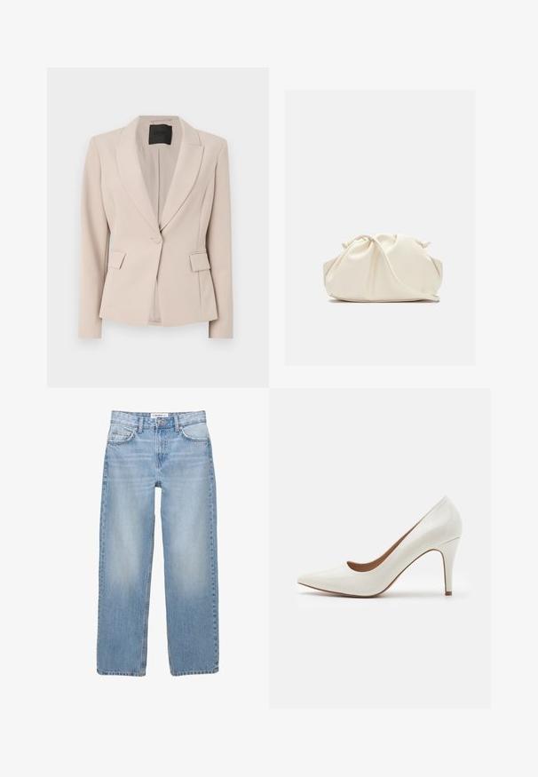 Blazer en tissu beige clair, avec un col cranté, fermeture à un bouton, poches avant et coupe cintrée. Texture lisse.; Pull léger beige en tissu tricot doux, avec un col rond, des épaules tombantes et des accents côtelés au bas et aux manches.; Jean en denim bleu clair avec une coupe droite, style cinq poches et des détails de couture visibles. Le tissu a une texture douce et légèrement décolorée.; Chaussure à talon haut en cuir verni blanc avec un bout pointu et une surface lisse, dotée d'un talon fin et d'une découpe basse autour de l'ouverture.; Sac en cuir synthétique de couleur crème, doux, avec un design froncé, une bandoulière adjustable et une fermeture à cordon subtile. Texture lisse et forme arrondie.