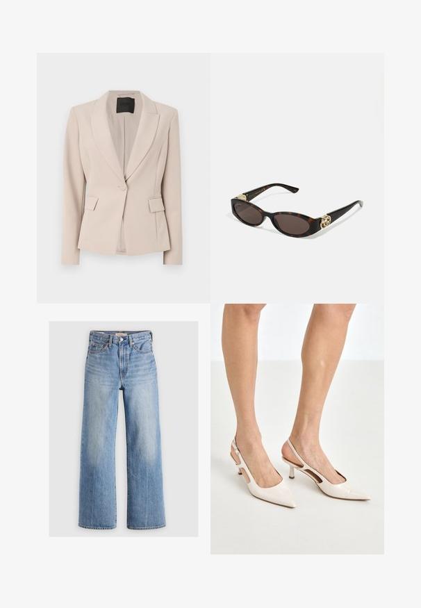 Blazer i lys beige stof med en spids krave, enkelt knaplukning, frontlommer og tætsiddende pasform. Glat tekstur.; Hvid skjorte med knapper lavet af glat bomuld med en klassisk krave, der har en lige søm og beige knapper langs forsiden.; Lys blå denim vid-leg jeans med høj talje, udvaskede områder, fem lommer og kontrastsyede detaljer. Klassisk knap- og lynlåslukning.; Beige patenterede læder slingback hæle med spids tå og 5 cm hæl, med udskårne sider og en tynd ankelrem.; Skildpaddemønster solbriller med aflange ovale linser, brun farve, guldlogo accenter på stængerne og slanke sorte arme.