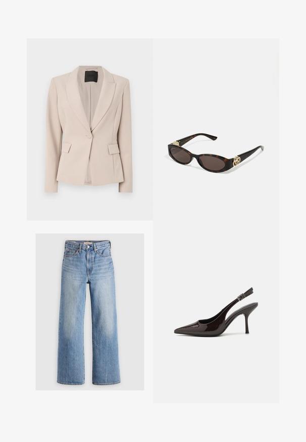 Blazer van lichtbeige stof, met een reverskraag, enkele knoopsluiting, voorzakken en een getailleerde pasvorm. Soepele textuur.; Blauw gestreepte overhemden met kraag, lange mouwen en een afgeronde zoom. De stof lijkt glad en lichtgewicht. Knopsluiting aan de voorkant.; Lichtblauwe denim wijde broek met hoge taille, vervaagde plekken, vijf zakken en contrasterende stiksels. Klassieke knoop- en ritssluiting.; Slingback hoge hak schoen in glanzend donkerbruin patentleer, puntige neus, open zijkanten en verstelbare enkelband.; Schildpadbril met langwerpige ovale lenzen, bruine tint, gouden logo-accenten op de pootjes en slanke zwarte armen.