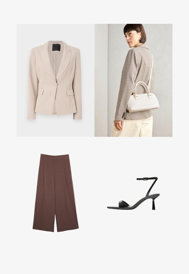 Blazer van lichtbeige stof, met een reverskraag, enkele knoopsluiting, voorzakken en een getailleerde pasvorm. Soepele textuur.; Donkergrijze top met korte mouwen en een bootnek. Gemaakt van ribbelstof, met een relaxte pasvorm en een nette zoom. Eenvoudig ontwerp, geen patronen.; Bruine wijde broek met een gladde textuur, voorzien van een hoge taille en plooien aan de voorkant. De stof is lichtgewicht en valt losjes.; Bershka Sandalen met hoge hak - black; Witte gestructureerde handtas met korte handvatten en een schouderband, voorzien van gouden hardwareaccenten en een textuurmateriaal, tentoongesteld tegen een grijze achtergrond.