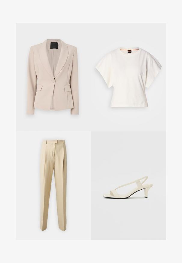 Blazer en tissu beige clair, avec un col cranté, fermeture à un bouton, poches avant et coupe cintrée. Texture lisse.; T-shirt blanc cintré, manches courtes et larges, en coton doux, décolleté rond avec une discrète bordure orange, design minimaliste, sans motifs ni graphiques.; Pantalons beiges ajustés avec une coupe droite, dotés de plis, d'une ceinture et d'une texture lisse. Pas de poches visibles ni d'ornements.; Sandales beiges à talons carrés avec des fines brides et un bout carré. Matière lisse avec des détails minimaux, conçues pour un port facile.