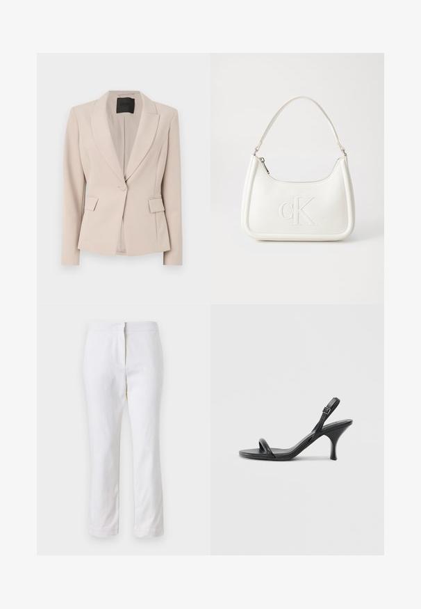 Blazer in light beige fabric, featuring a notched collar, single button closure, front pockets, and tailored fit. Smooth texture.; White cropped T-shirt, short wide sleeves, soft cotton material, round neckline with subtle orange trim, minimal design, no patterns or graphics.; White cotton pants with a straight leg design, featuring a mid-rise waist and no visible hardware or patterns. Smooth texture throughout.; Black leather high-heeled sandals with a slim, curved heel and a crossed strap design. Adjustable ankle strap. Smooth texture.; White leather handbag with a curved shape, featuring an embossed "CK" logo on the front and a single shoulder strap. Zipper closure at top.