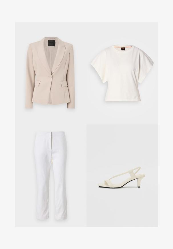 Blazeris gaiši bēšā audumā, ar ieliektām apkaklītēm, vienu pogu aizdari, priekšējām kabatām un piegrieztu piegriezumu. Gluda tekstūra.; Balts īsais T-krekls, plašas īsas piedurknes, mīksts kokvilnas materiāls, apaļa kakla izgriezums ar delikātu oranžu apdari, minimāls dizains, bez rakstiem vai grafikām.; Baltas kokvilnas bikses ar taisnu kāju dizainu, ar vidēju augstumu un bez redzamām detaļām vai rakstiem. Visā virsmā ir gluda tekstūra.; Beige bloku papēžu sandales ar plānām siksnām un kvadrāta formas purngalu. Gluda materiāla virsma ar minimālām detaļām, paredzētas ērtai nēsāšanai.