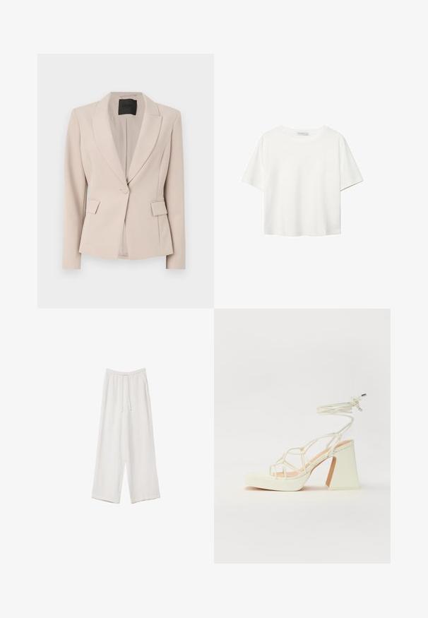 Blazer v svetlo béžovej látke, s vyštíhleným golierom, jedným gombíkom na zapínanie, prednými vreckami a upraveným strihom. Hladká textúra.; Biela krátkopsová tričko vyrobené z bavlny. Má okrúhly výstrih a voľný strih. Hladká textúra bez viditeľných vzorov alebo akcentov.; Biele široké nohavice vyrobené z ľahkej tkaniny. Obsahujú elastický pás so sťahovacou šnúrkou a bočné vrecká. Hladká textúra.; Biele sandále na vysokom opätku s hrubým podpätkom, s pruhovaným dizajnom a viazaním na členku. Hladký povrch s platformou vpredu pre zvýšenú výšku.