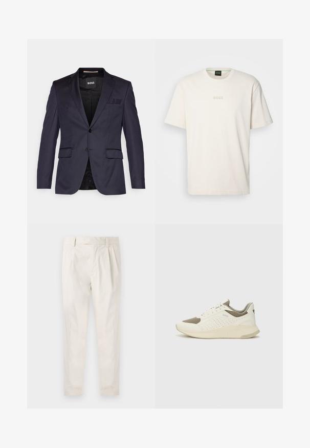 Jūros mėlynumo švarkas, pagamintas iš lygaus audinio, su viena saga, įpjovinėmis apykaklėmis ir dviem priekinėmis kišenėmis. Pamušalas su subtiliu raštu.; BOSS TEE - Paprasti marškinėliai - open white; Balti, susiūtos kelnes, turinčios pritaikytą siluetą, pasižyminčias lygia tekstūra, dirželio kilpomis ir siaurėjančiomis kojomis. Nėra matomų kišenių ar raštų.; Baltas ir šviesiai bežinis sportinis kedas, su tinklo viršumi, perforuotais detalėmis ir tekstūruotu tarpine su logotipu ant kulno.