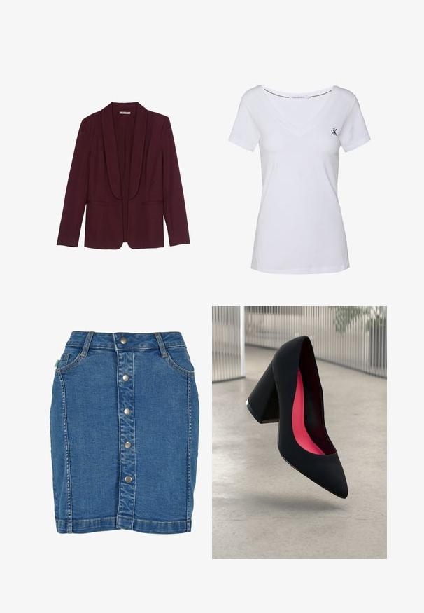 Bordeaux-bleiseri, jossa on kaulushuivi, kaksinkertaiset etutaskut ja sileä kangas. Rakenne on muotoiltu ja siinä on pitkät hihat ilman nappeja.; Valkoinen puuvillapaita lyhyillä hihoilla, v-kaula-aukko, jossa on pieni laivastonsininen logo vasemmassa rinnassa ja suora helma.; Farkkuhame, jossa on etupainike, tiukkan muotoilu, vaaleansininen väri ja huomaamattomat ompeluyksityiskohdat.; Musta korkokenkä, jossa on terävä kärki, teksturoitu pinta ja kirkkaan vaaleanpunainen sisus. Varustettu tukevalla kannalla, jossa on hopeinen yksityiskohta.