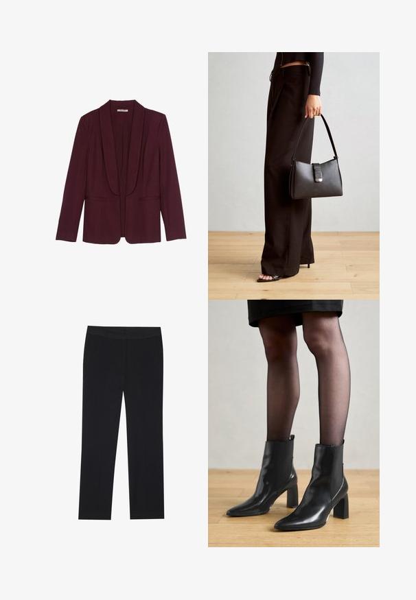 Burgundi blézer sálgallérral, dupla elülső zsebbel és sima anyagtextúrával. Strukturált szabás hosszú ujjakkal és gombok nélkül.; Két ujjatlan felső fekete és fehér színben. Puha, rugalmas anyagból készült, bordás textúrával és testhezálló fazonnal. Keskeny pántokkal rendelkezik.; Fekete nadrág, egyenes lábakkal, oldalsó zsebekkel és sima szövet textúrával. Minimális részletezés, letisztult derékpánt.; Fekete bőr bokacsizma, hegyes orral, vastag négyzetes sarkal és letisztult dizájnnal. Az egyszerű felvételt segítő elasztikus oldalsó panelek jellemzik.; Fekete kézi táska strukturált formával, sima textúrával és fémből készült záródással. Széles fekete nadrággal és nyitott orrú szandállal párosítva, fából készült padlón.