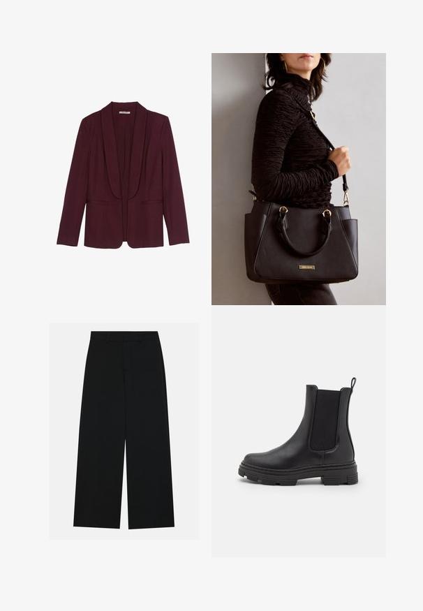 Burgundska blejzer s šalom ovratnikom, dvostrukim prednjim džepovima i glatkom teksturom tkanine. Strukirana silueta s dugim rukavima i bez dugmadi.; Duga majica dugih rukava prugasta u mornarsko plavu i bijelu boju s brodoglavim izrezom i zlatnim gumbima na pojačanim rukavima. Mekani materijal, opušteni kroj.; Široke crne hlače izrađene od glatkog materijala. Imaju ravni pojas s peteljkama za remen i bez vidljivih džepova. Jednostavan dizajn.; Crne kožne gležnjače s elastičnim bočnim panelima, zaobljenim prstima i strukturiranom gumenom potplatom. Imaju petlju straga za lakše oblačenje.; Crna torba s teksturiranom površinom, dvostrukim gornjim ručkama i podesivom remenom za rame. Ima zlatne metalne detalje i bočne džepove.