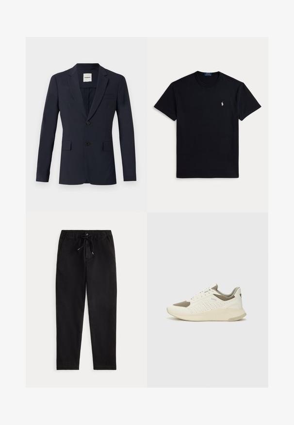 Tamsiai mėlynas švarkas su plokščiu atvartu, dviem mygtukais ir dviem priekinėmis kišenėmis. Pagamintas iš lygaus audinio, pritaikytas prie figūros. Matoma etiketė viduje.; Juoda medvilninė marškinėliai su apvalia kaklelio linija, trumpomis rankovėmis ir mažu siuvinėtu logotipu kairėje krūtinės pusėje. Lygios tekstūros.; Juodos laisvos kelnės su elastinga juosta, raišteliu, priekinėmis sagomis ir šoninėmis kišenėmis, pateiktos ant vienodo fono.; Baltas ir šviesiai bežinis sportinis kedas, su tinklo viršumi, perforuotais detalėmis ir tekstūruotu tarpine su logotipu ant kulno.