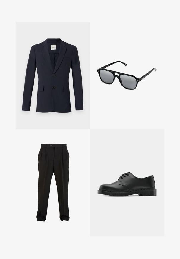 Granatowa marynarka z płaskim klapem, dwoma guzikami i dwiema przednimi kieszeniami. Wykonana z gładkiego materiału o dopasowanym kroju. Widoczna metka wewnątrz.; Białe bawełniane topy na ramiączkach, bez rękawów, okrągły dekolt, gładka faktura, wykonane z miękkiej, lekkiej tkaniny. Wyeksponowane dwa egzemplarze.; Czarne spodnie z gładkiego materiału, z kieszeniami z przodu, zapinane na guzik w pasie i zwężanymi mankietami przy kostkach. Klasyczny sylwetka w stylu szytym na miarę.; Czarne skórzane półbuty oxford z zapięciem na sznurowadła, zaokrąglonym noskiem, płaską gumową podeszwą oraz subtelnym przeszyciem na cholewce.; Czarne okulary przeciwsłoneczne z prostokątnymi oprawkami, szarymi soczewkami i wycięciem w mostku. Gładki, błyszczący materiał plastikowy, z wąskimi zausznikami.
