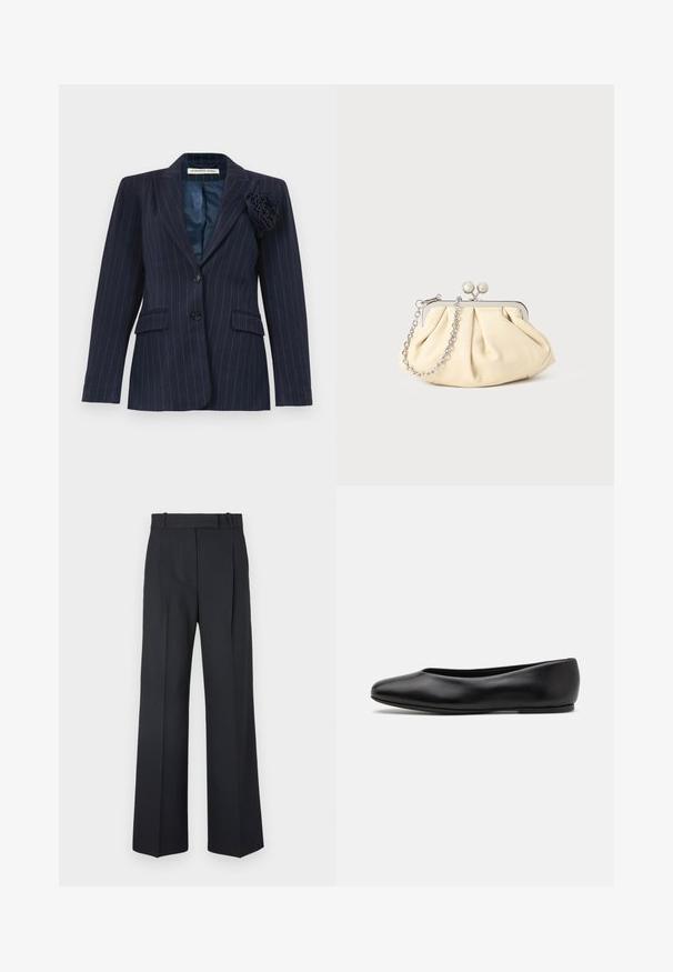 Blazer a righe blu navy con due bottoni, tasche a pattina, colletto a punta e un fiore di stoffa appuntato sulla rispettiva revers sinistro.; Maglione nero lavorato a maglia con maniche lunghe, scollo a girocollo e un piccolo cuore bianco sul petto. Tessuto morbido con polsini e orlo a coste.; Pantaloni a righe blu scuro con vita alta, design a gamba larga e senza hardware o decorazioni visibili. Tessuto liscio e vestibilità sartoriale.; Paul Smith TOPANGA - Ballerine - black; Clutch in pelle beige plissettata con una struttura in metallo argento, dotata di due chiusure decorative rotonde e una tracolla in catena argentata.
