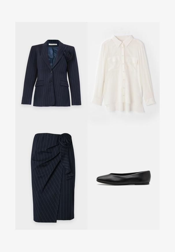 Sötétkék csíkozott zakó, két gombbal, hajtóka zsebekkel, kihajtott gallérral és bal oldali hajtókán egy textilvirággal.; Könnyű anyagból készült fehér gombos ing. Klasszikus gallérral, két mellzsebbel, és enyhén hosszabb hátsó szegéllyel rendelkezik.; Sötétkék, térdhtérd hosszúságú szoknya fehér csíkozással, átkötős dizájnnal és szövet rózsa díszítéssel a deréknál.; Paul Smith TOPANGA - Balerina cipők - black