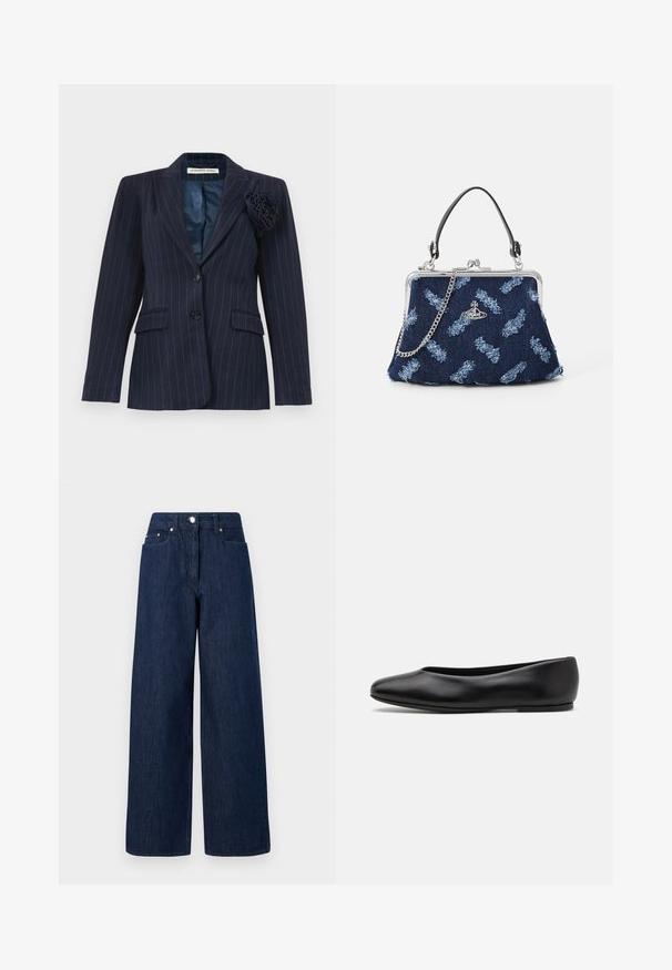 Granatowa marynarka w prążki z dwoma guzikami, kieszeniami z klapami, kołnierzykiem z wycięciem i materiałowym kwiatem przypiętym na lewej klapie.; Biała koszula zapinana na guziki wykonana z lekkiego materiału. Posiada klasyczny kołnierzyk, dwie kieszenie na piersiach oraz nieco dłuższy tylny brzeg.; Jeansy z wysokim stanem, w kolorze ciemnoniebieskim, o szerokich nogawkach, z zapięciem na guziki, kieszeniami z przodu i szlufkami na pasek, na białym tle.; Paul Smith TOPANGA czarny; Dżinsowa torebka z posrebrzanym zapięciem, łańcuszkowym paskiem i niebieskim kwiatowym wzorem. Posiada czarny uchwyt oraz misternie haftowane wzory.