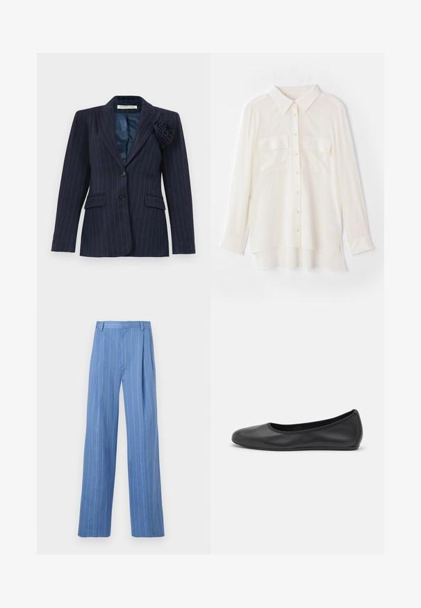 Navy blue pinstripe blazer with two buttons, flap pockets, a notched collar, and a fabric flower pinned on the left lapel.; White button-up shirt made of lightweight fabric. Features a classic collar, two chest pockets, and a slightly longer back hem.; Light blue wide-leg trousers with vertical white stripes. Made of smooth material, featuring a front pleat and a clean waistband design.; Black leather ballet flat with a rounded toe, smooth texture, minimal stitching detail, and a flexible sole design.