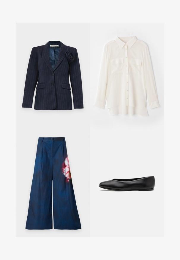 Mornarsko plavi sako s prugama, s dva dugmeta, džepovima s preklopom, oštrim kragnom i cvijetom od tkanine pričvršćenim na lijevoj reveru.; Bijela košulja s dugim rukavima od lagane tkanine. Ima klasičnu kragnu, dva džepa na prsima i blago duži stražnji rub.; Široke hlače od tamnoplavog materijala, s cvjetnim uzorkom u ružičastoj i žutoj boji s jedne strane, zatvaraju se gumbom u struku.; Paul Smith TOPANGA - Balerinke - black