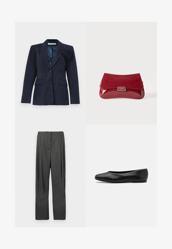 Marineblauwe blazer met een streeppatroon, twee knopen, klepzakken, een afgeknipte kraag en een stoffen bloem gespeld op de linker revers.; Witte overhemd met knopen, gemaakt van lichtgewicht stof. Heeft een klassieke kraag, twee borstzakken en een iets langere achterkant.; Grijze op maat gemaakte broek van geweven stof, met een rechte pijp, een geplooide voorkant en een soepele textuur.; Paul Smith TOPANGA - Ballerina's - black; Rode gepatineerde leren clutch met een gebogen ontwerp, opklapbare klep en een metalen logo accent op een zilveren plaat. Gladde, glanzende textuur.