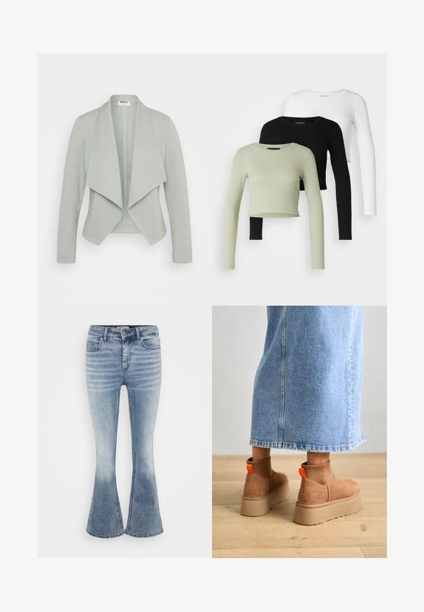 Világoszöld, testhezálló, cipzáras dzseki nyitott elülső résszel, laza gallérral, hosszú ujjal és puha textúrájú anyaggal. Rétegezéshez ideális.; Even&Odd Petite 3 PACK - Hosszú ujjú felső - black/white/light green; Világoskék, trapéz farmerek, amelyek denim anyagból készültek, klasszikus öt zsebes kialakítással, elöl cipzáros záródással és finom elhalványulással a combokon.; Barna velúr platform csizmák elasztikus oldalsó panelekkel és narancssárga húzófülekkel, amelyek egy térdközépig érő világoskék farmer szoknyával vannak párosítva egy fás padlón.