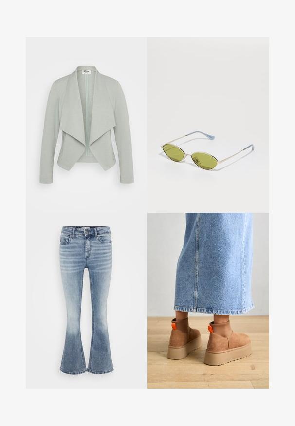 Heled roheline, figuurilähedane lukuga jaht, avatud esiosas, longiga krae, pikad varrukad ja pehme tekstuuriga kangas. Sobib kihistamiseks.; Even&Odd Petite 3 PACK - Pikkade varrukatega topp - black/white/light green; Heledad helesinine teksariie, mis on valmistatud denimist, klassikalise viie taskuga disainiga, ees lukuga sulgemine ja õrn pleekimine reite piirkonnas.; Pruunid nahatooted platvormikontsad elastsete külgpaneelidega ja oranžide tõmbetuttidega, koos puusani ulatuva heleda denim-seelikuga puidust põrandal.; Oliivrohelised prillid, millel on õhuke kuldne raam ja sinise aktsendiga käed. Ovaalsed läätsed ja minimalistlik disain.