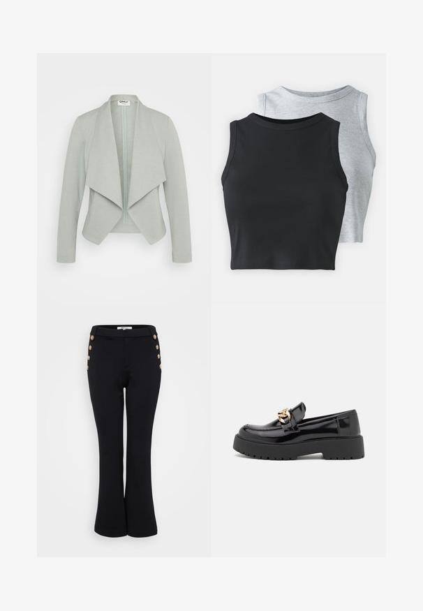Šviesiai žalia, priglundanti zip-up striukė su atviru priekiu, drapiruota apykakle, ilgomis rankovėmis ir minkštos tekstūros audiniu. Tinka sluoksniavimui.; Even&Odd Petite 2 PACK - Viršus - light grey/black; Juodi plačios kelnės, pagamintos iš lygaus audinio, su auksiniais mygtukais prie liemenio, suteikiančiais stiliaus akcentą, ir prigludusia siluetu.; Juodi patentiniai odiniai loaferiai su masyviu juodu padu ir auksiniais detalėmis. Lygus paviršius ir apvalus pirštų dizainas.