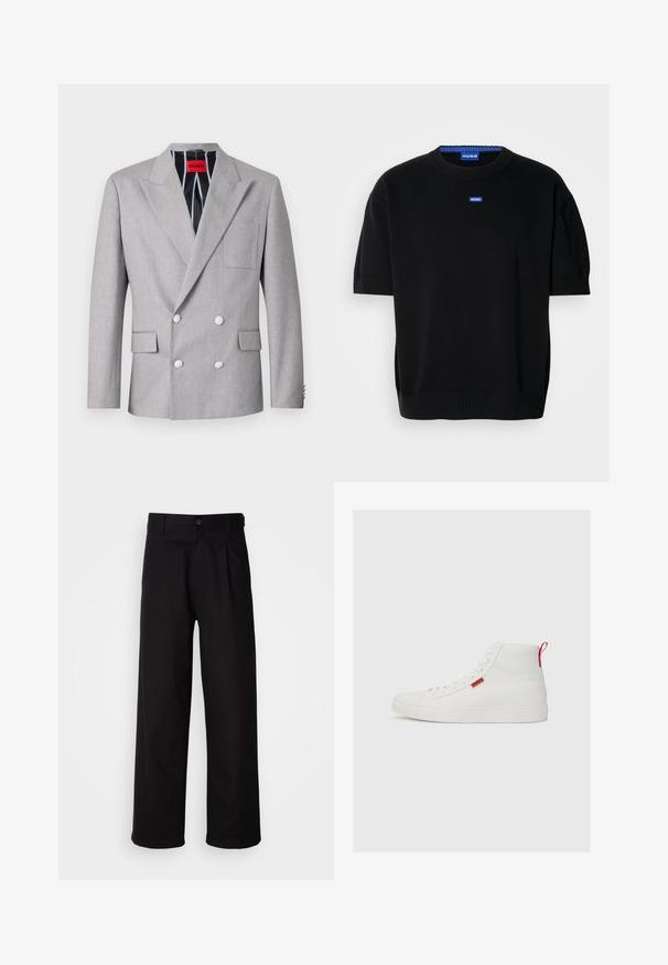 Szary dwurzędowy żakiet wykonany z fakturowanej tkaniny. Posiada szpiczaste klapy, dwie przednie kieszenie i białe guziki. Wyłożony we wzór w paski.; Czarny sweter z krótkim rękawem wykonany z miękkiej dzianiny, z okrągłym dekoltem i małym niebieskim logo "HUGO" na piersi.; Czarne spodnie wykonane z gładkiego materiału, o prostym kroju nogawek, z fałdami z przodu i pojedynczym zapięciem na guzik w talii.; Wysokie trampki wykonane z gładkiej białej skóry z czerwoną naszywką logo i czerwoną pętlą, z białą gumową podeszwą i sznurówkami.