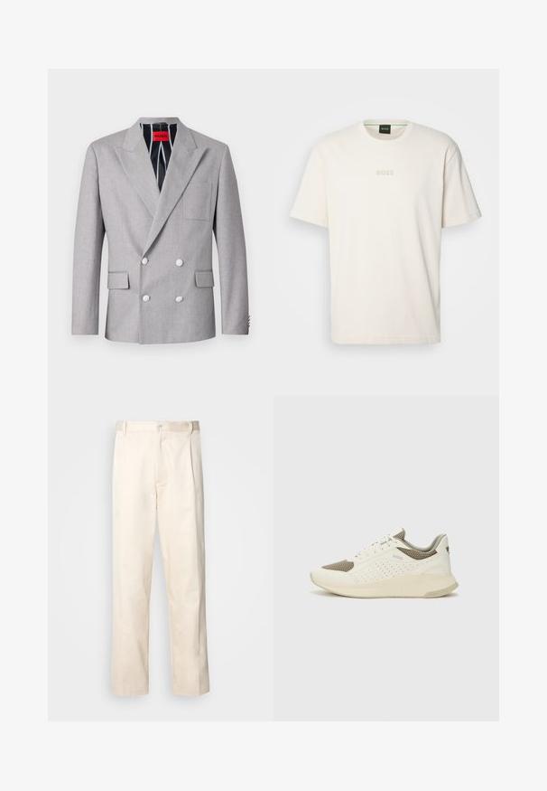Gray double-breasted blazer made of textured fabric. Features peaked lapels, two front pockets, and white buttons. Lined with striped pattern.; BOSS TEE - Basic T-shirt - open white; Beige cotton trousers with a straight-leg cut, featuring a button closure and pleats at the front for added detail.; White and light beige athletic sneaker, featuring a mesh upper, perforated detailing, and a textured midsole with branding on the heel.