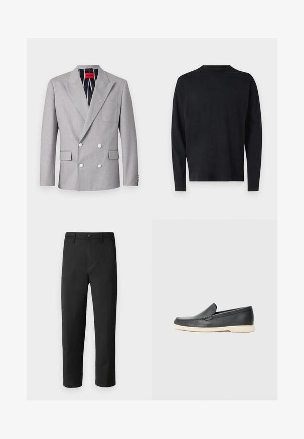 Grijze dubbelvoudige blazer van textuurstof. Heeft pieklapels, twee voorzakken en witte knopen. Voering met gestreept patroon.; Zwarte langemouwen shirt van zachte stof. Heeft een ronde halslijn en verlaagde schouders. Gladde textuur zonder zichtbare patronen.; Zwarte broek met een rechte snit, gemaakt van gladde stof. Voorzien van een knoopsluiting en riemlussen. Geen zichtbare patronen of accenten.; Zwarte leren instappers met een gestructureerde afwerking en een contrasterende beige rubberen zool. Beschikt over een subtiele accent langs de voorkant.