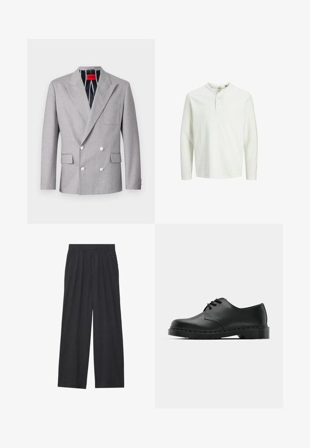 Gray double-breasted blazer made of textured fabric. Features peaked lapels, two front pockets, and white buttons. Lined with striped pattern.; White long-sleeve henley shirt with three buttons and a round neckline, displayed on a plain white background.; Wide-leg trousers made of dark gray fabric. Features pleats at the waist, a tailored design, and a straight silhouette.; Black leather oxford shoe with lace-up design, rounded toe, flat rubber sole, and subtle stitching detail along the upper.