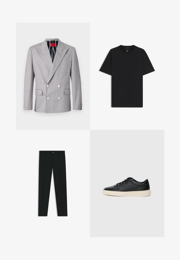 Grijze dubbelvoudige blazer van textuurstof. Heeft pieklapels, twee voorzakken en witte knopen. Voering met gestreept patroon.; Zwarte korte mouwen T-shirt van een gladde katoenmix, met een ronde halslijn en een minimalistisch ontwerp zonder patronen of accenten.; Zwarte dresspants met een recht pasvorm, gemaakt van een gladde stof. Heeft een sluiting met een knoop aan de voorkant en ceintuurlussen. Effen zonder patronen.; Zwarte leren sneaker met lage schacht, zwarte veters en off-white zool, weergegeven in zijprofiel op een witte achtergrond.