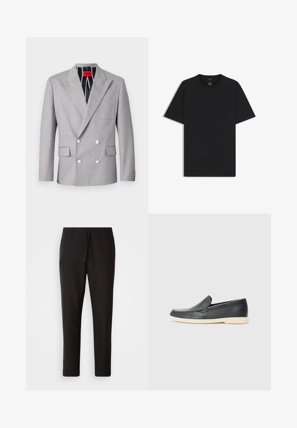 Grijze dubbelvoudige blazer van textuurstof. Heeft pieklapels, twee voorzakken en witte knopen. Voering met gestreept patroon.; Zwarte korte mouwen T-shirt van een gladde katoenmix, met een ronde halslijn en een minimalistisch ontwerp zonder patronen of accenten.; Zwarte joggingsbroek van gladde stof. Kenmerkt zich door een elastische tailleband met een trekkoord, taps toelopende benen en geen zichtbare zakken. Eenvoudig ontwerp.; Zwarte leren instappers met een gestructureerde afwerking en een contrasterende beige rubberen zool. Beschikt over een subtiele accent langs de voorkant.