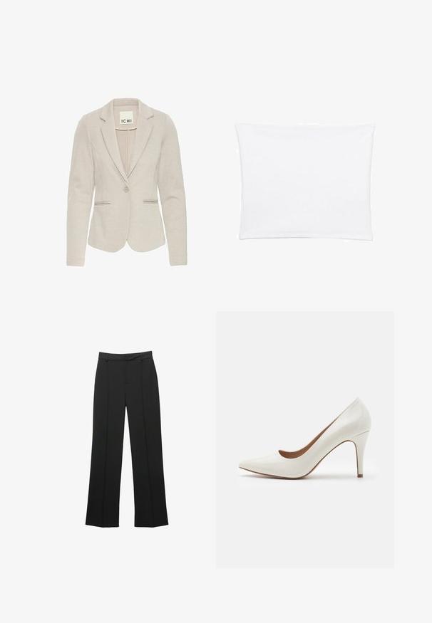 Beżowa marynarka o dopasowanym kroju, z jednym zapięciem na guzik, klapami i dwoma przednimi kieszeniami. Teksturowany materiał z subtelnym wzorem.; Biała poszewka na poduszkę o gładkiej, miękkiej fakturze, w kształcie prostokąta i z wyraźnymi brzegami, zaprojektowana do standardowych rozmiarów poduszek.; Czarne spodnie o prostych nogawkach wykonane z gładkiej tkaniny, z płaskim przodem, szlufkami na pasek oraz bez widocznych kieszeni, o dopasowanym kroju.; Białe lakierowane buty na wysokim obcasie z wysmuklonym noskiem i gładką powierzchnią, z cienkim obcasem i niskim krojem wokół otwarcia.